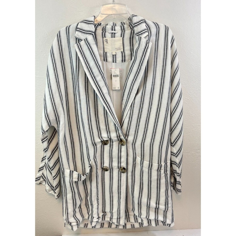Pilcro Boyfriend Double Breasted Jacket Size S Linen NWT White Blue Striped